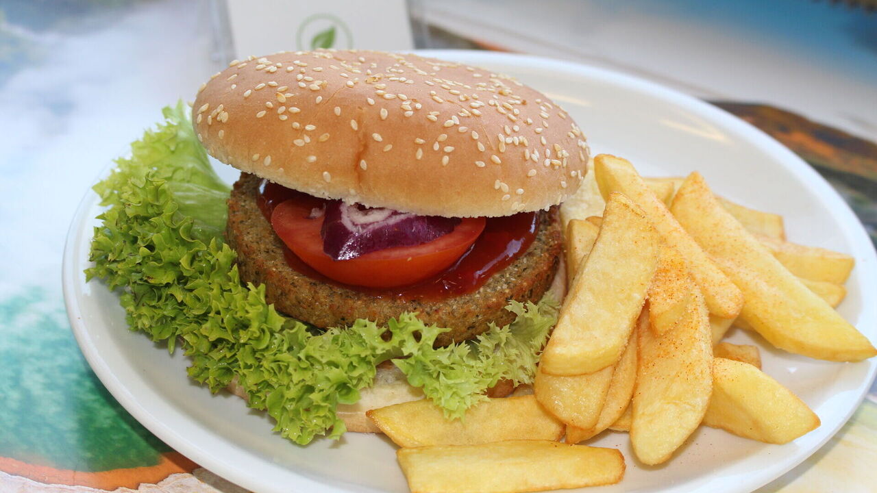 Veganer Falafelburger mit Gemüse und feuriger Soße (A, A1, F, K), dazu Pommes frites (auch mit Hähnchen erhältlich)