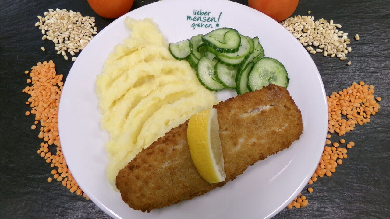 Gebackenes Seelachsfilet (A, A1, D, G, J) mit Kartoffelpüree (G) und Gurkensalat
